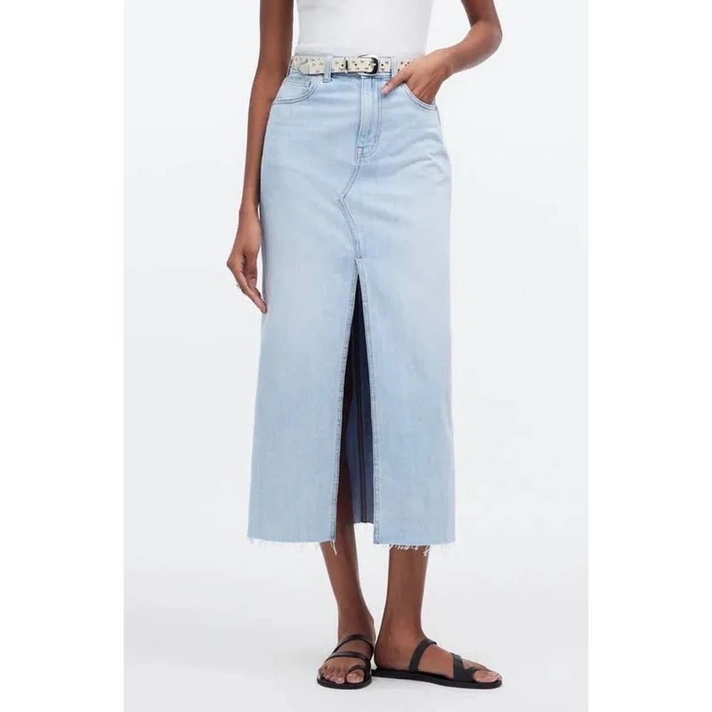 Madewell Women's The Rilee Denim Midi Skirt Sz 27 Blue Slit Front  Raw‎ Hem